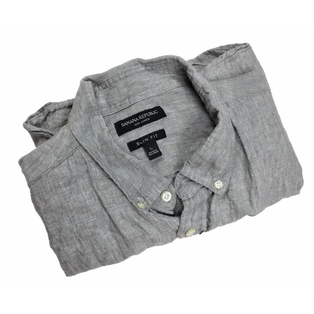 Banana Republic Slim Fit Grey Linen Button Down S/ Sleeve Shirt Men's Size Large